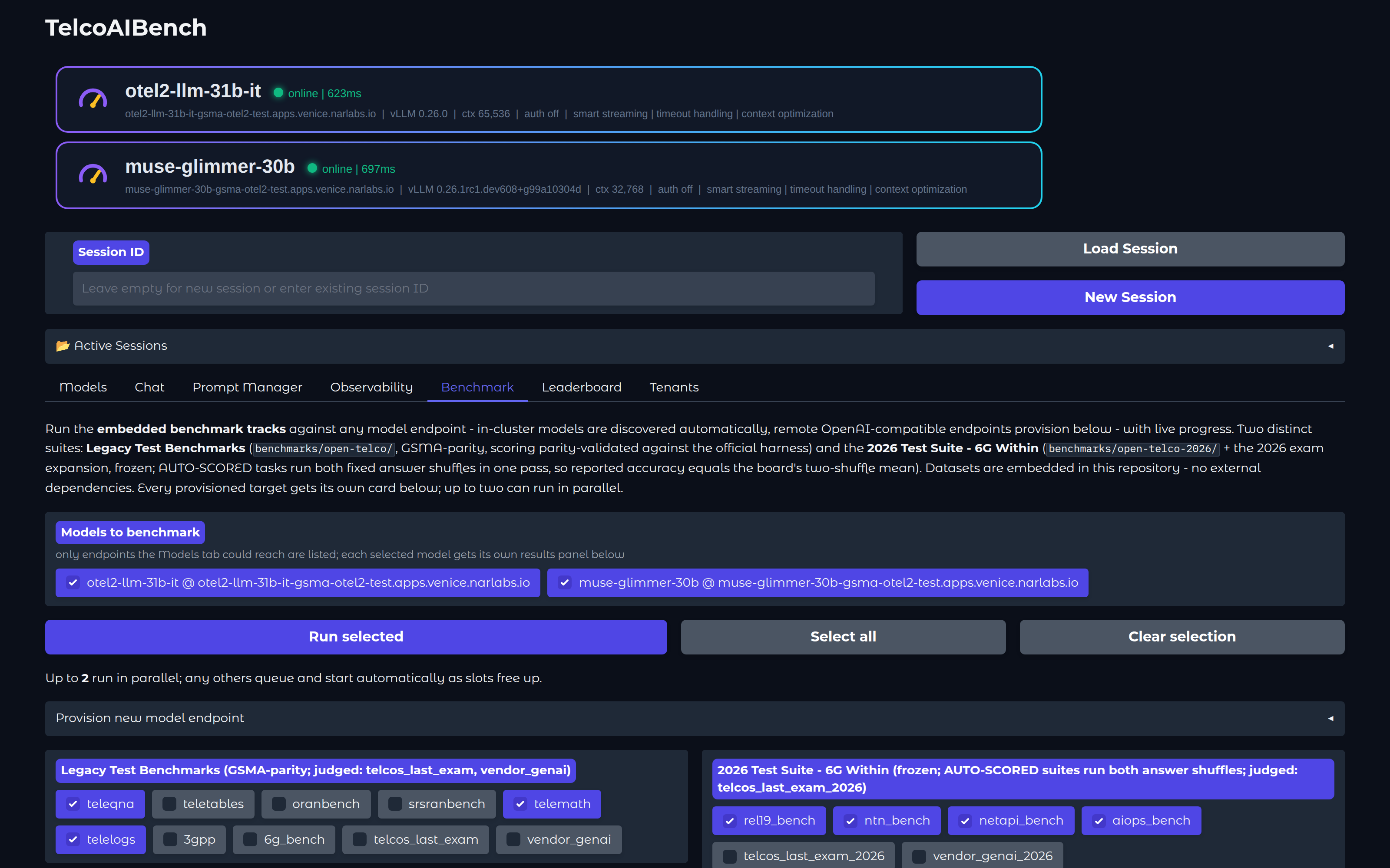 Two-track Benchmark tab - Legacy Test Benchmarks and 2026 Test Suite, two live models