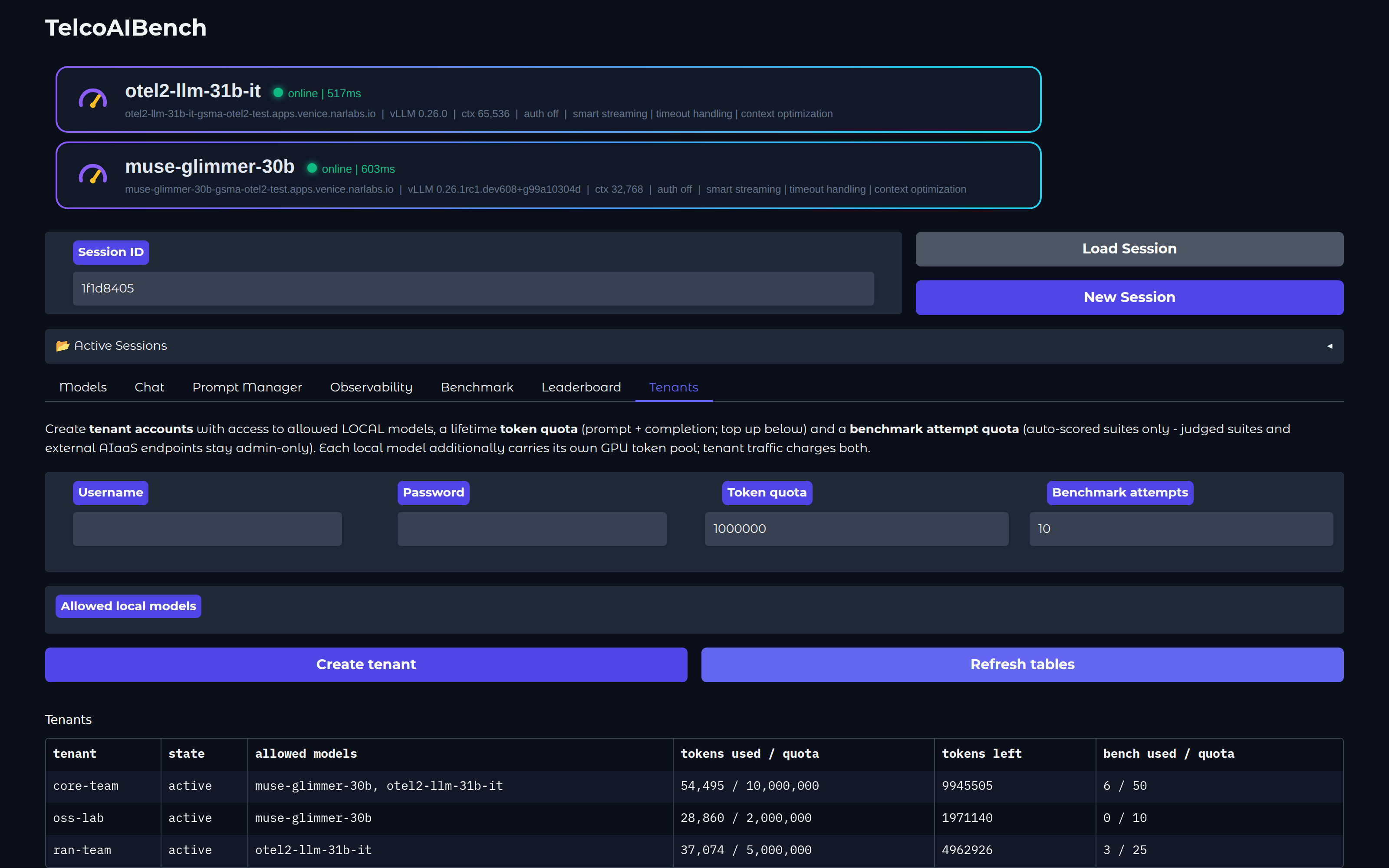 Tenants tab - accounts, quotas and model pools